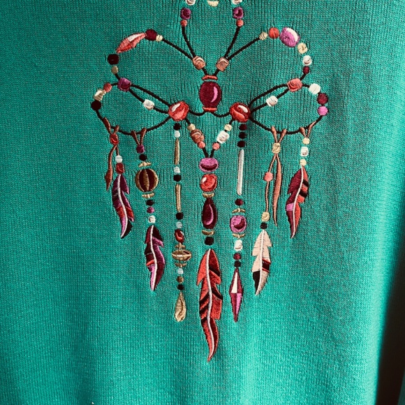 Bob Mackie Womens 3XL Green Embroidered Dream Catcher Button Cardigan Sweater - Picture 8 of 9